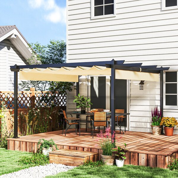 OUTSUNNY Hliníková pergola s nastaviteľnou textilnou strechou 390 x 390 cm béžová