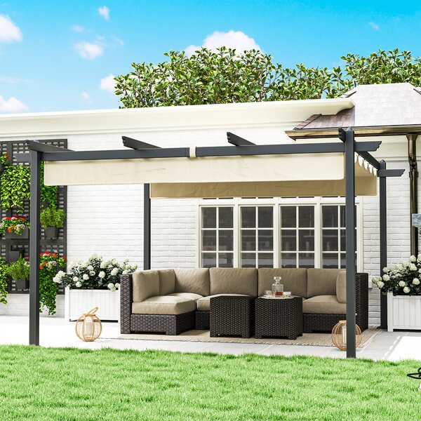 OUTSUNNY Hliníková pergola s nastaviteľnou textilnou strechou 390 x 390 cm béžová
