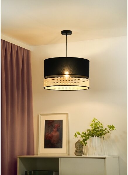 Duolla - Luster na lanku DOUBLE RATTAN 1xE27/15W/230V pr. 40 cm čierna/béžová