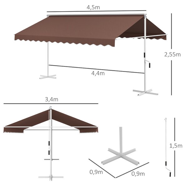 OUTSUNNY Voľne stojaca zaťahovacia markíza s rukoväťou 450 x 340 cm hnedá