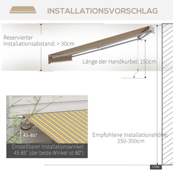 OUTSUNNY Výsuvná ručná markíza s nastaviteľným sklonom hliník 350 x 300 cm žlto-čierna