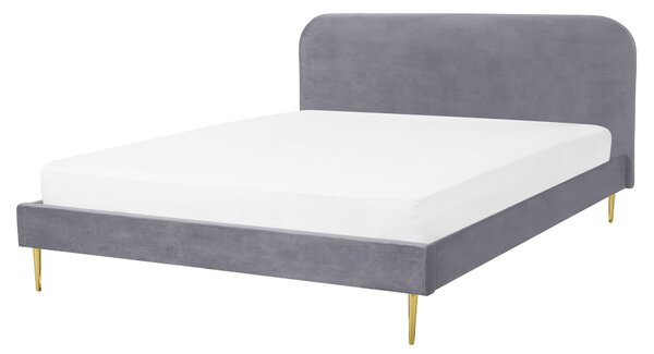 Posteľ sivá čalúnená zamatová 160 x 200 cm čalúnené čelo zlaté nohy lamelový rošt minimalistický dizajn