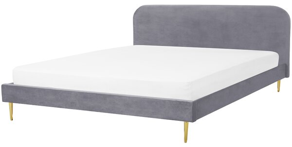 Posteľ sivá čalúnená zamatová 180 x 200 cm čalúnené čelo zlaté nohy lamelový rošt minimalistický dizajn