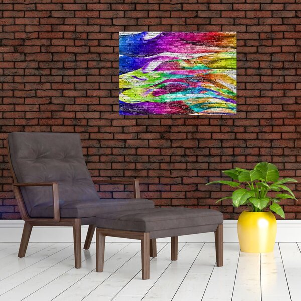 Obraz - Tehlový múr s farebnými plameňmi (70x50 cm)