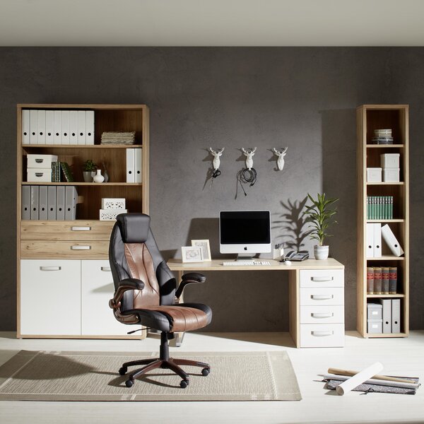 PÍSACÍ STÔL, biela, biela s vysokým leskom, priebežná dubová škárovka, 160/72,8/80 cm Premium Living - Kancelárske stoly