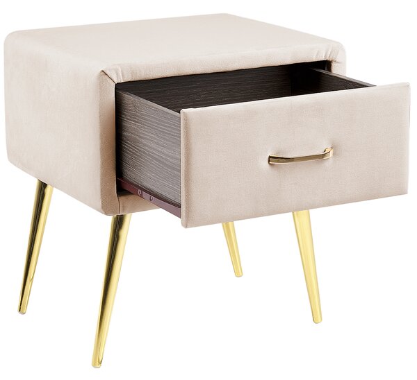 Nočný stolík béžový zamatový čalúnený 1 zásuvka minimalistický dizajn nábytok do spálne