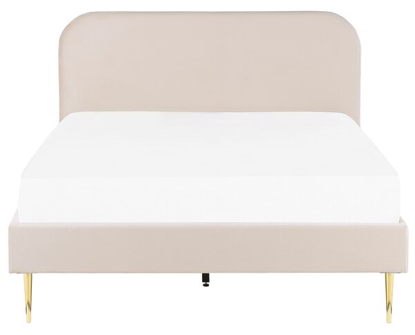 Posteľ béžová čalúnená zamatová 140 x 200 cm čalúnené čelo zlaté nohy lamelový rošt minimalistický dizajn