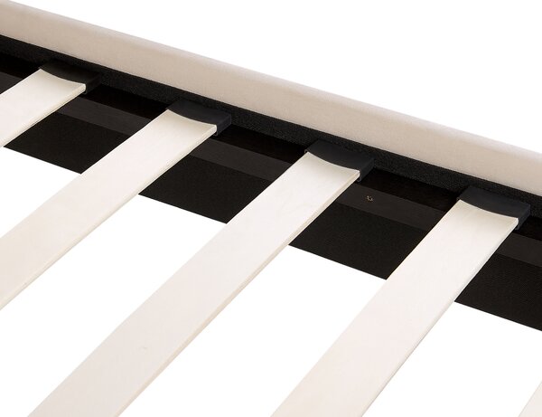 Posteľ béžová čalúnená zamatová 140 x 200 cm čalúnené čelo zlaté nohy lamelový rošt minimalistický dizajn