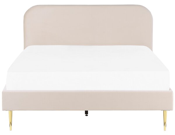 Posteľ béžová čalúnená zamatová 180 x 200 cm čalúnené čelo zlaté nohy lamelový rošt minimalistický dizajn