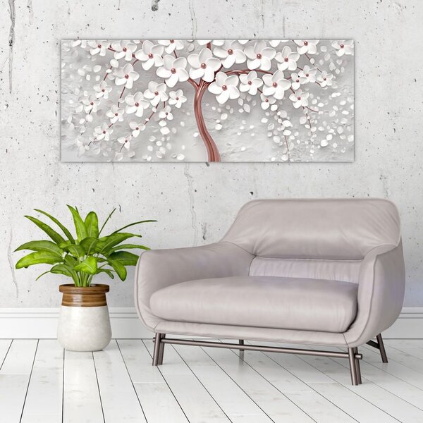 Obraz - Obraz bieleho stromu s kvetinami, rosegold (120x50 cm)