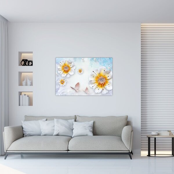 Obraz - Kompozícia s kvetmi a motýľmi (90x60 cm)