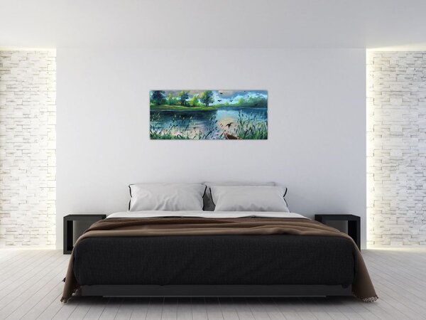 Obraz - Olejomaľba, Letný podvečer pri jazere (120x50 cm)