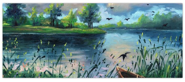 Obraz - Olejomaľba, Letný podvečer pri jazere (120x50 cm)