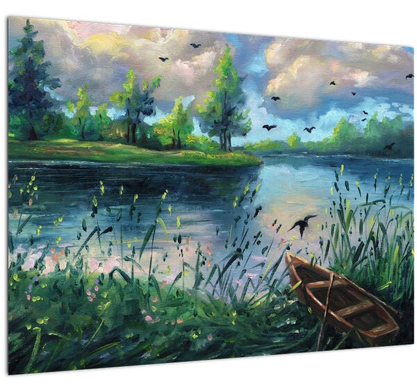 Obraz - Olejomaľba, Letný podvečer pri jazere (70x50 cm)