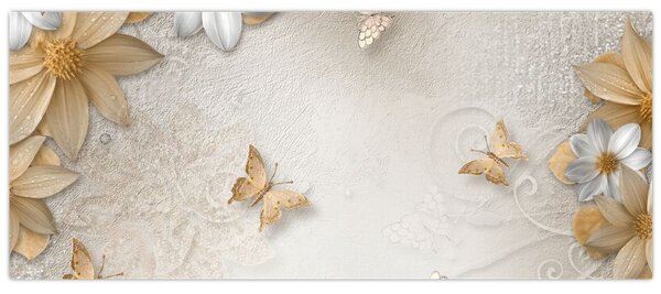 Obraz - Kvety s motýlikmi (120x50 cm)