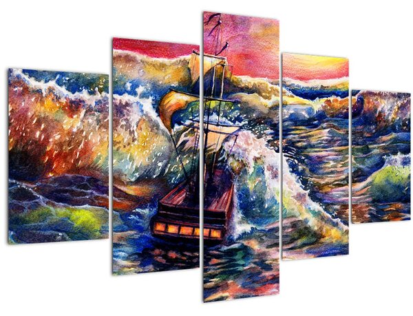Obraz - Loď na oceánskych vlnách, aquarel (150x105 cm)