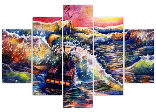Obraz - Loď na oceánskych vlnách, aquarel (150x105 cm)