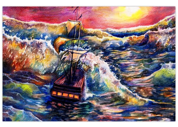 Obraz - Loď na oceánskych vlnách, aquarel (90x60 cm)