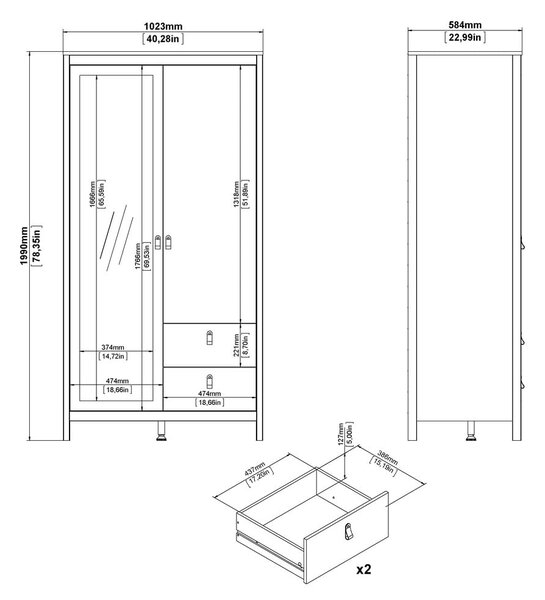 Biela šatníková skriňa so zrkadlom 102x199x58 cm Madrid – Tvilum