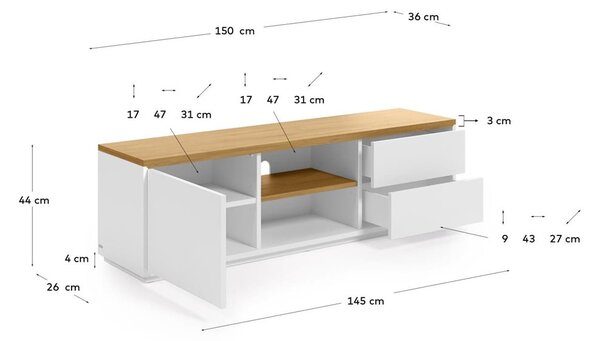 Biely TV stolík v dekore duba 150x44x36 cm Abilen – Kave Home