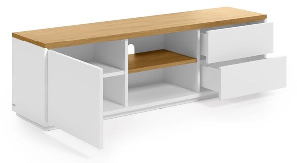 Biely TV stolík v dekore duba 150x44x36 cm Abilen – Kave Home