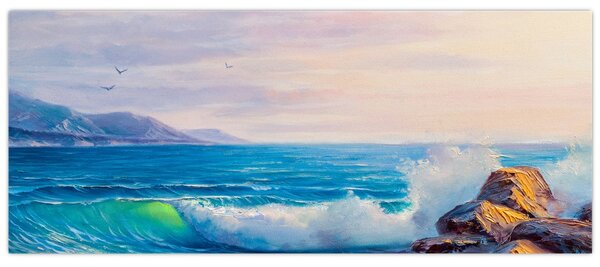Obraz vĺn narážajúcich na útesy, olejomaľba (120x50 cm)