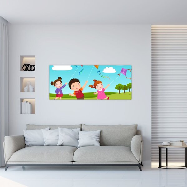 Obraz - Deti púšťajú draka (120x50 cm)