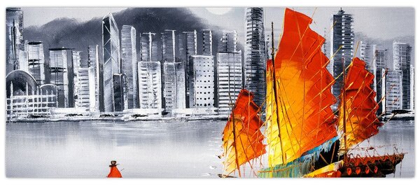 Obraz - Victoria Harbor, Hong Kong, čiernobiela olejomaľba (120x50 cm)