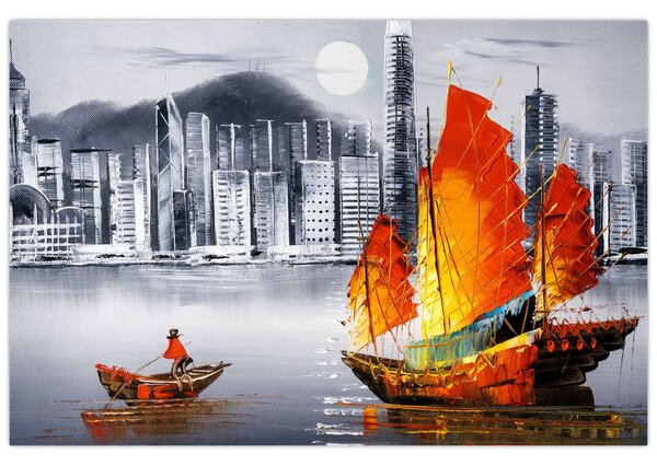 Obraz - Victoria Harbor, Hong Kong, čiernobiela olejomaľba (90x60 cm)