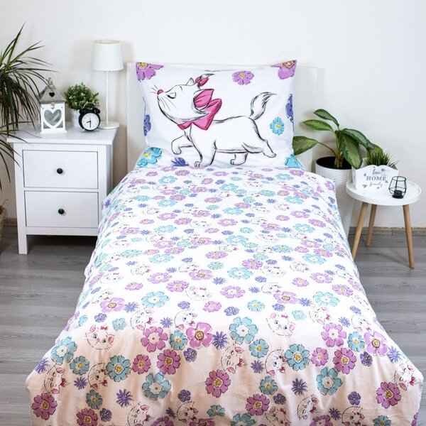 Biele bavlnené detské obliečky na jednolôžko 140x200 cm Marie Cat "Floral" – Jerry Fabrics