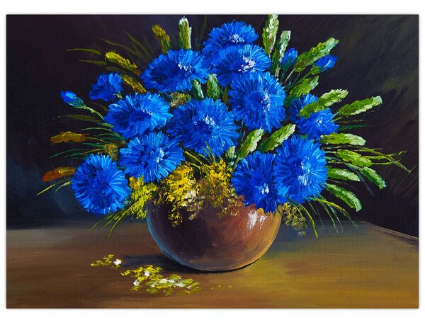 Obraz modrých kvetov vo váze (70x50 cm)
