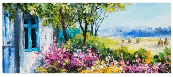 Obraz záhradky pred domom, olejomaľba (120x50 cm)