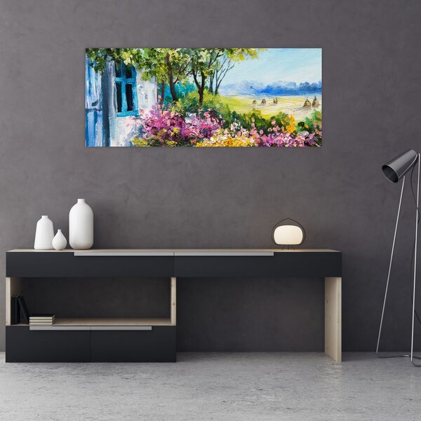 Obraz záhradky pred domom, olejomaľba (120x50 cm)