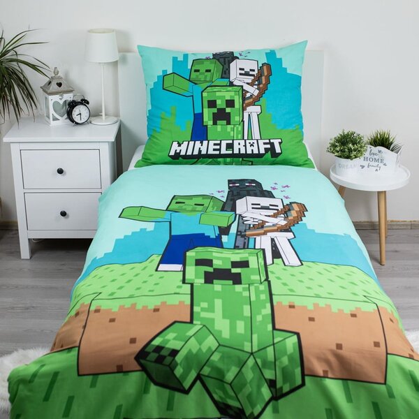 Zeleno-modré bavlnené detské obliečky na jednolôžko 140x200 cm Minecraft "Mobs Here" – Jerry Fabrics