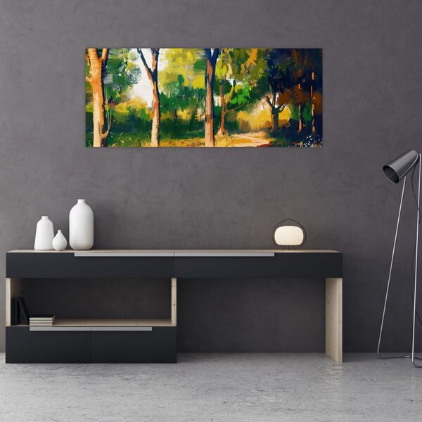 Obraz lesa v letnom slnku, maľba (120x50 cm)