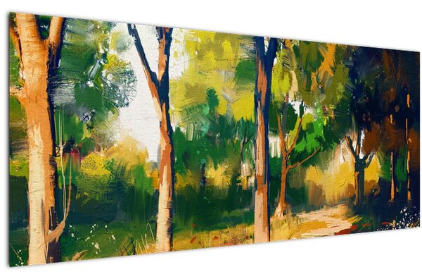 Obraz lesa v letnom slnku, maľba (120x50 cm)