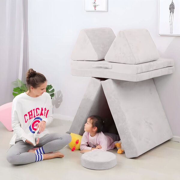 ECOTOYS Veľká rozkladacia modulárna pohovka pre deti - 8 mäkkých sivých vankúšov