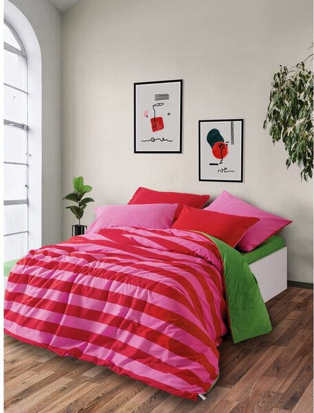 Zelené/ružové obliečky na dvojlôžko/predĺžené z bavlny Renforcé s plachtou/4-dielne 200x220 cm Cherie – Mijolnir