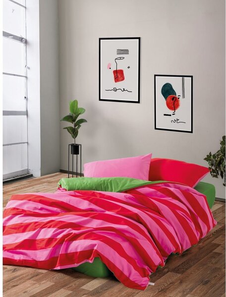 Zelené/ružové obliečky na dvojlôžko/predĺžené z bavlny Renforcé s plachtou/4-dielne 200x220 cm Cherie – Mijolnir
