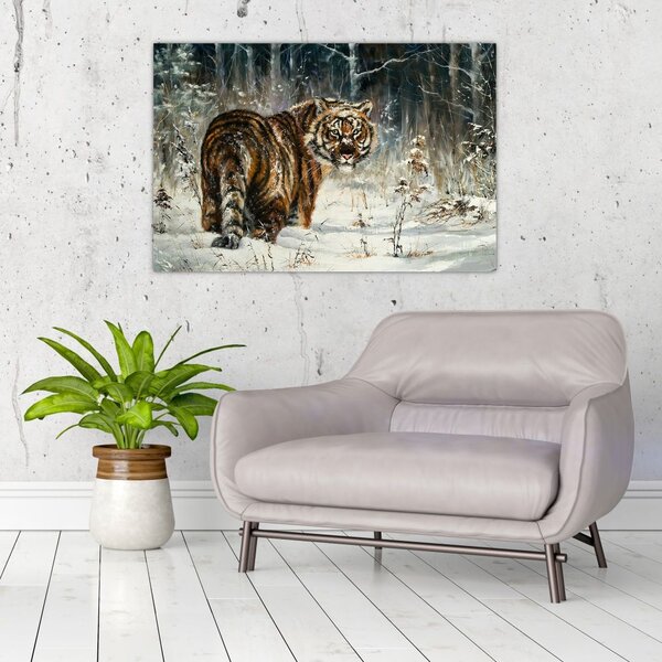 Obraz - Tiger v zasneženom lese, olejomaľba (90x60 cm)