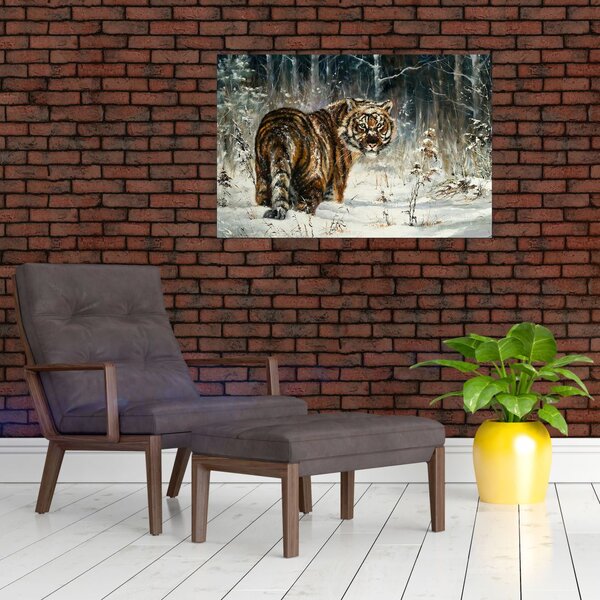 Obraz - Tiger v zasneženom lese, olejomaľba (90x60 cm)