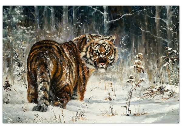 Obraz - Tiger v zasneženom lese, olejomaľba (90x60 cm)