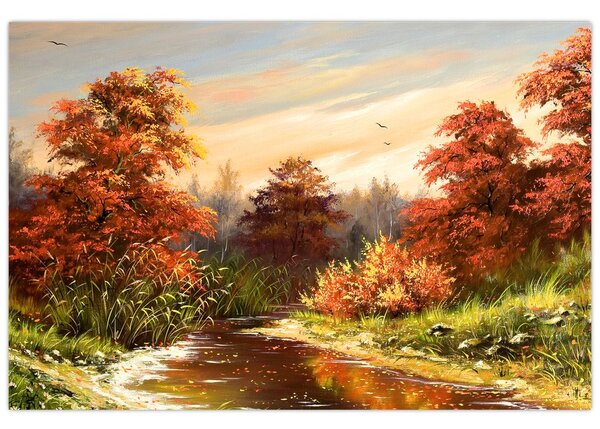 Obraz rieky v jesennej krajine, olejomaľba (90x60 cm)