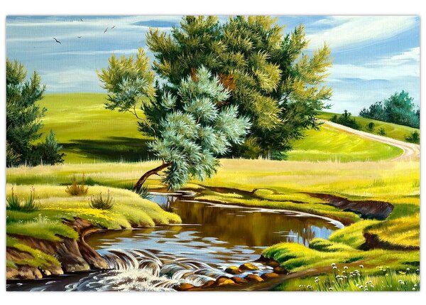 Obraz - Rieka medzi lúkami, olejomaľba (90x60 cm)