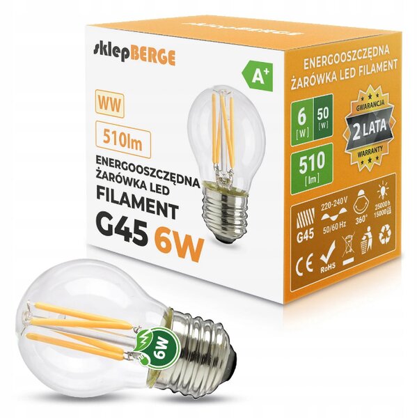 LED žiarovka - E27 - G45 - 6W - 510Lm - filament - teplá biela BERGE