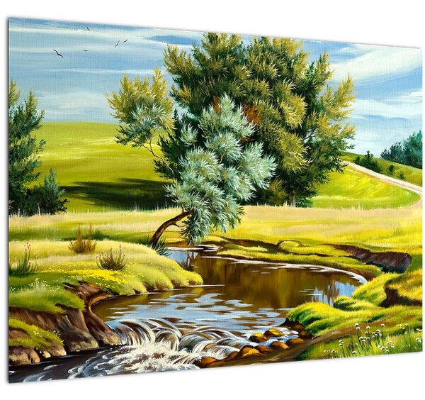 Obraz - Rieka medzi lúkami, olejomaľba (70x50 cm)