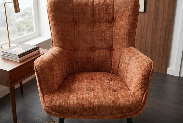 Dizajnové retro kreslo Scandinavia so ženilkovým poťahom s prešívaním s gombíkmi v hrdzavej hnedej farbe a čiernymi nohami 73 cm