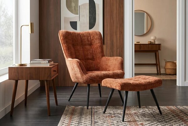Dizajnové retro kreslo Scandinavia so ženilkovým poťahom s prešívaním s gombíkmi v hrdzavej hnedej farbe a čiernymi nohami 73 cm