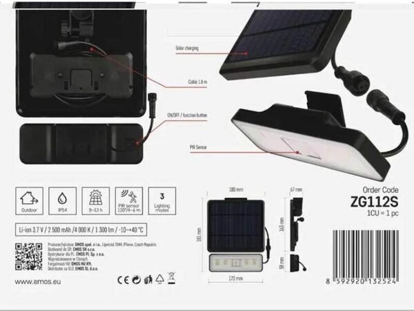 Solárny LED reflektor so senzorom pohybu, 1300 lm, neutrálna biela (ZG112S)