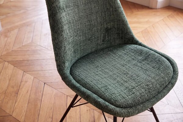 Škandinávska retro zelená jedálenská stolička Scandinavia s textúrovaným ženilkovým poťahom a čiernou kovovou podstavou 50 cm